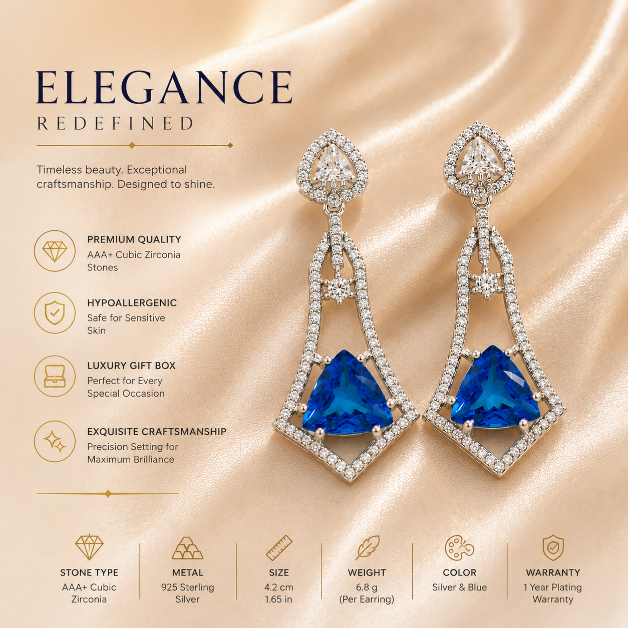 FLOMAE Silver Plated Blue Stone CZ Long Dangle Earrings for Women Party Wear