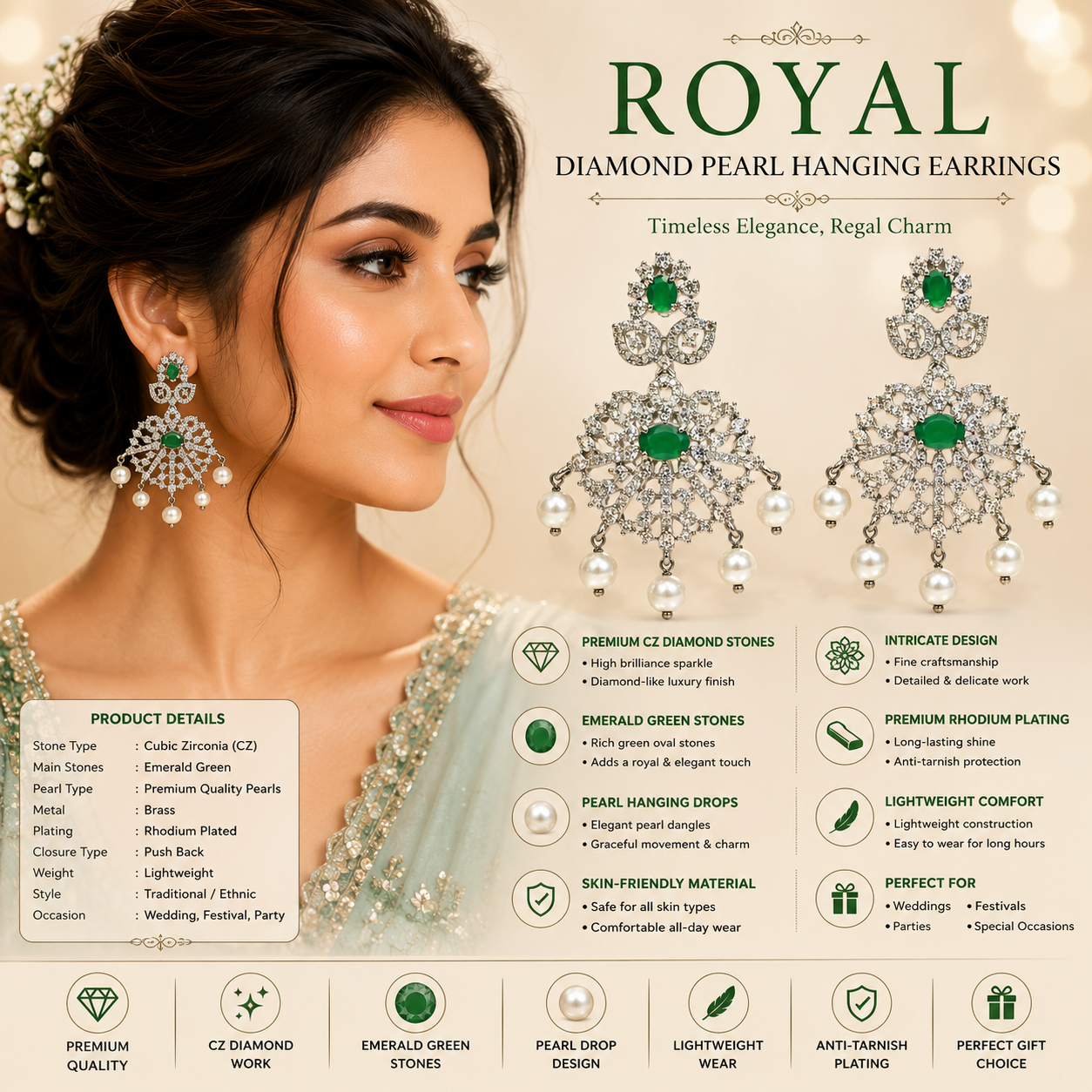 Flomae Silver Plated Green Stone Pearl Drop Chandbali Earrings for Women Cubic Zirconia Alloy Chandbali Earring, Drops & Danglers