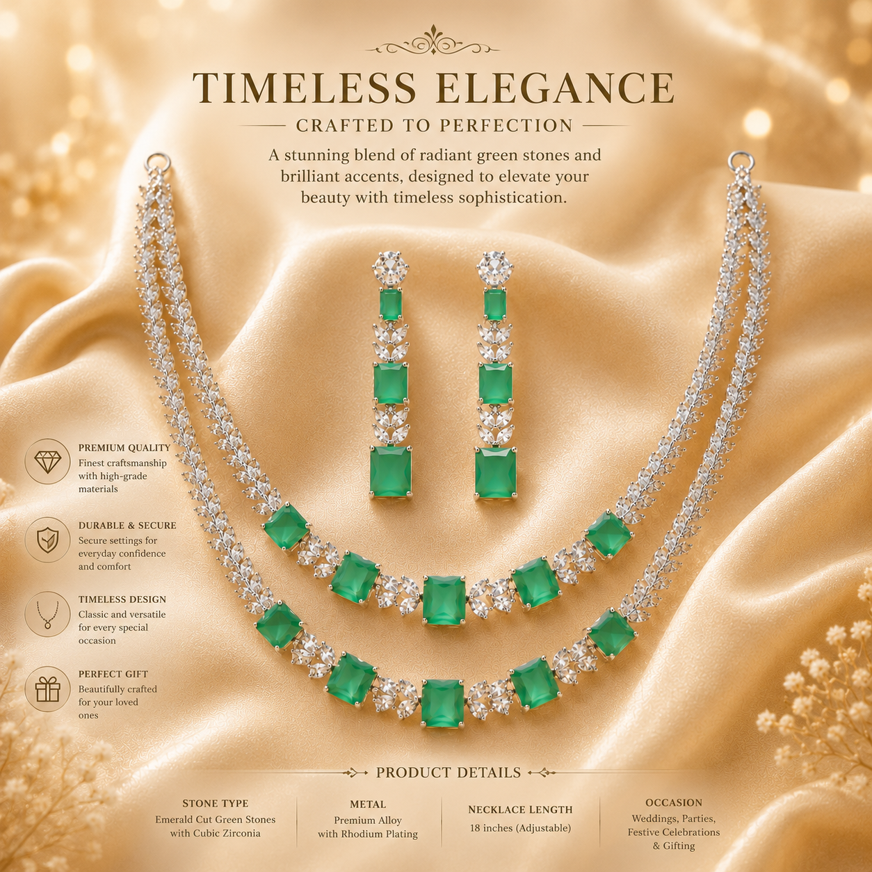 Flomae Silver-Plated Emerald Green AD Necklace Set for Women | Designer Statement Jewellery Set with Matching Earrings | Wedding, Party & Festive Wea