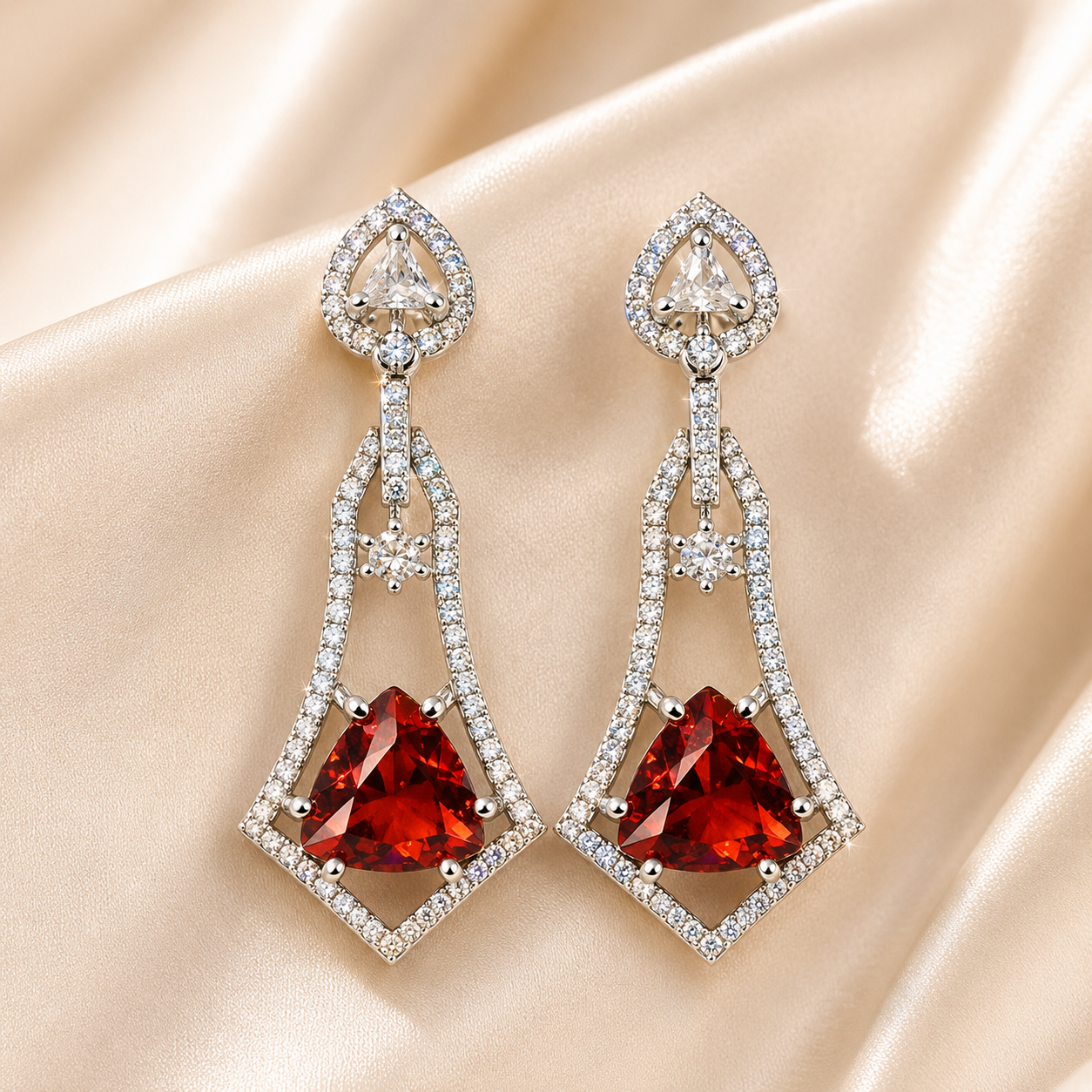 FLOMAE Silver Plated One Red Stone And White Stone CZ Dangle Earrings for Women