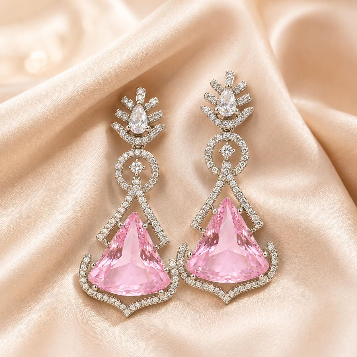 FLOMAE Silver Plated One Pink And White Stones CZ Long Dangle Earrings for Women Party Wear