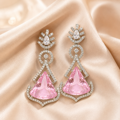 FLOMAE Silver Plated One Pink And White Stones CZ Long Dangle Earrings for Women Party Wear