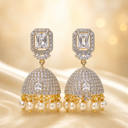 Flomae Gold Plated White Stone Pearl Jhumki Earrings for Women Cubic Zirconia Brass, Alloy Drops & Danglers, Jhumki Earring