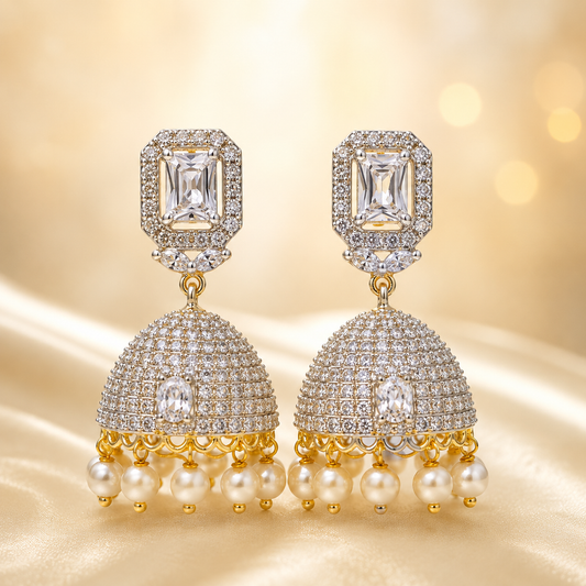 Flomae Gold Plated White Stone Pearl Jhumki Earrings for Women Cubic Zirconia Brass, Alloy Drops & Danglers, Jhumki Earring