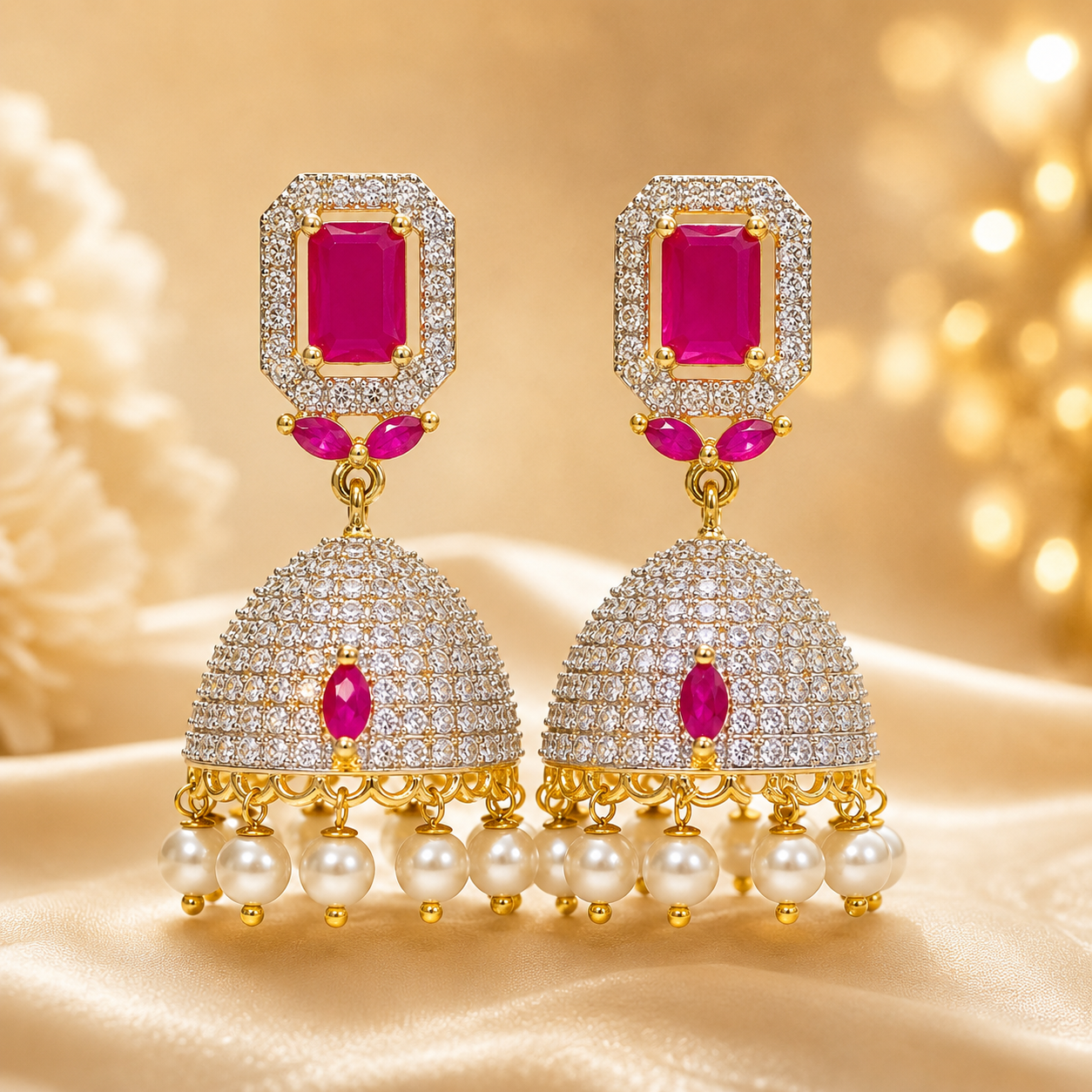 Flomae Gold Plated Pink Stone Pearl Jhumki Earrings for Women Cubic Zirconia Brass, Alloy Drops & Danglers, Jhumki Earring