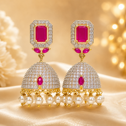 Flomae Gold Plated Pink Stone Pearl Jhumki Earrings for Women Cubic Zirconia Brass, Alloy Drops & Danglers, Jhumki Earring