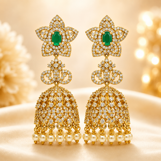 Flomae Gold Plated Green Stone Pearl Jhumki Earrings Cubic Zirconia Alloy Jhumki Earring, Drops & Danglers