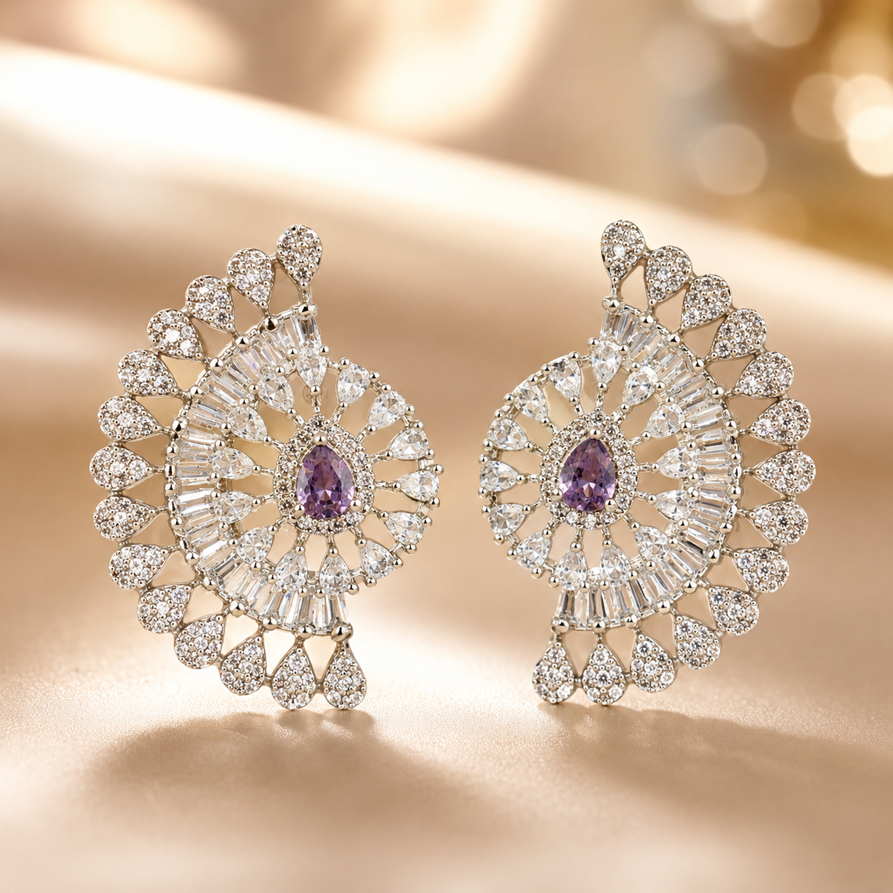 FLOMAE Silver Plated White And Purple Stone Chandbali Earrings for Women | CZ Wedding Party Wear Statement Earrings