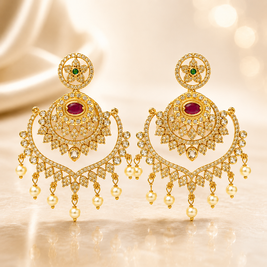 Flomae Gold Plated Green Stone Pearl Drop Chandbali Earrings for Women Cubic Zirconia Alloy Drops & Danglers, Jhumki Earring