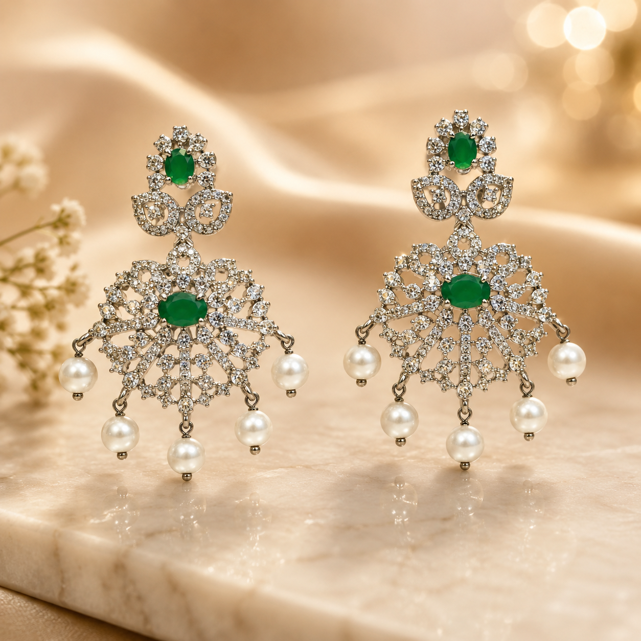 Flomae Silver Plated Green Stone Pearl Drop Chandbali Earrings for Women Cubic Zirconia Alloy Chandbali Earring, Drops & Danglers