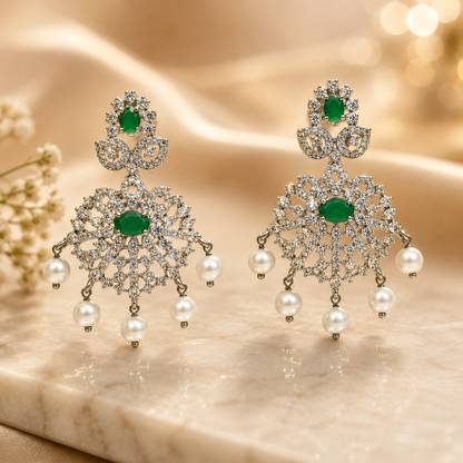 Flomae Silver Plated Green Stone Pearl Drop Chandbali Earrings for Women Cubic Zirconia Alloy Chandbali Earring, Drops & Danglers