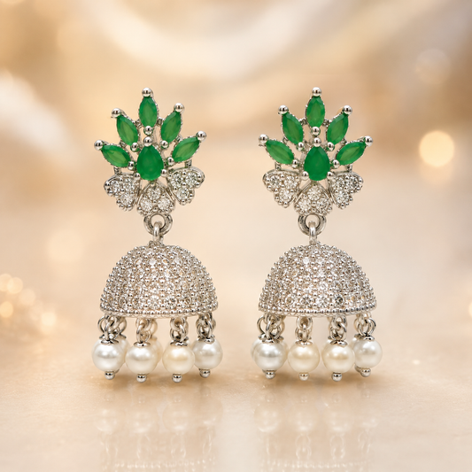 Flomae Silver Plated Green Stone Pearl Jhumki Earrings for Women Cubic Zirconia Alloy Drops & Danglers, Jhumki Earring