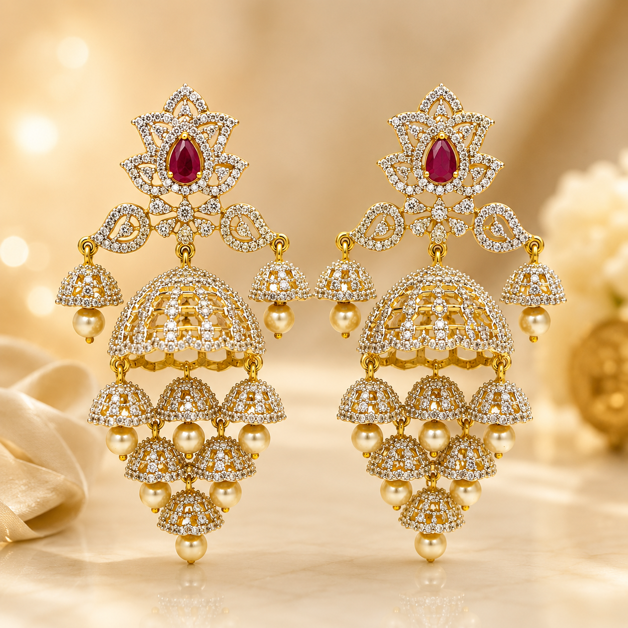 FLOMAE Gold Plated Ruby Stone Jhumki Earrings with Pearl Drops