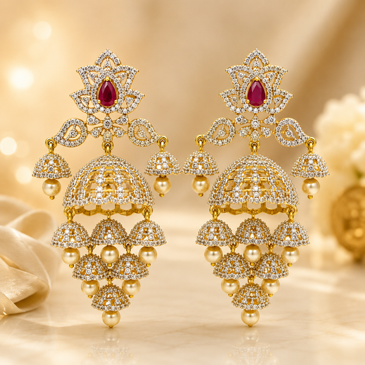 FLOMAE Gold Plated Ruby Stone Jhumki Earrings with Pearl Drops