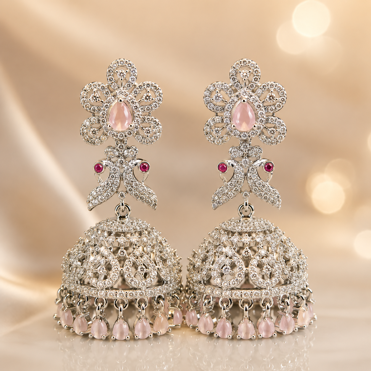 Flomae Silver Plated Light Pink Stone Jhumka Earrings for Women Traditional Big Jhumki Cubic Zirconia Alloy Drops & Danglers, Jhumki Earring