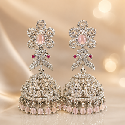 Flomae Silver Plated Light Pink Stone Jhumka Earrings for Women Traditional Big Jhumki Cubic Zirconia Alloy Drops & Danglers, Jhumki Earring