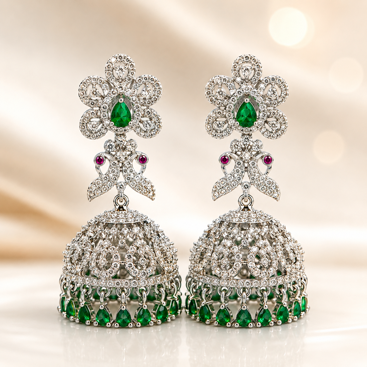 Flomae Silver Plated Green Stone Jhumka Earrings for Women Traditional Big Jhumki Cubic Zirconia Alloy Drops & Danglers, Jhumki Earring