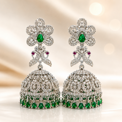 Flomae Silver Plated Green Stone Jhumka Earrings for Women Traditional Big Jhumki Cubic Zirconia Alloy Drops & Danglers, Jhumki Earring
