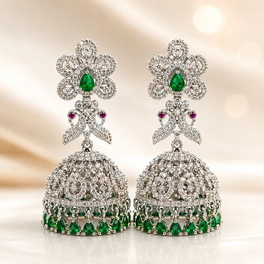 Flomae Silver Plated Green Stone Jhumka Earrings for Women Traditional Big Jhumki Cubic Zirconia Alloy Drops & Danglers, Jhumki Earring