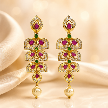 Flomae Gold Plated Earrings for Women Long Dangle Pearl Drop Pink Green Stone Earrings Cubic Zirconia Alloy Drops & Danglers, Jhumki Earring