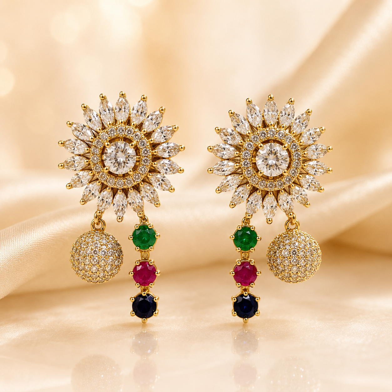 Elegant Floral Multicolor AD Stud Earrings for Women | Gold-Plated Designer Statement Earrings | Party, Wedding & Festive Jewellery