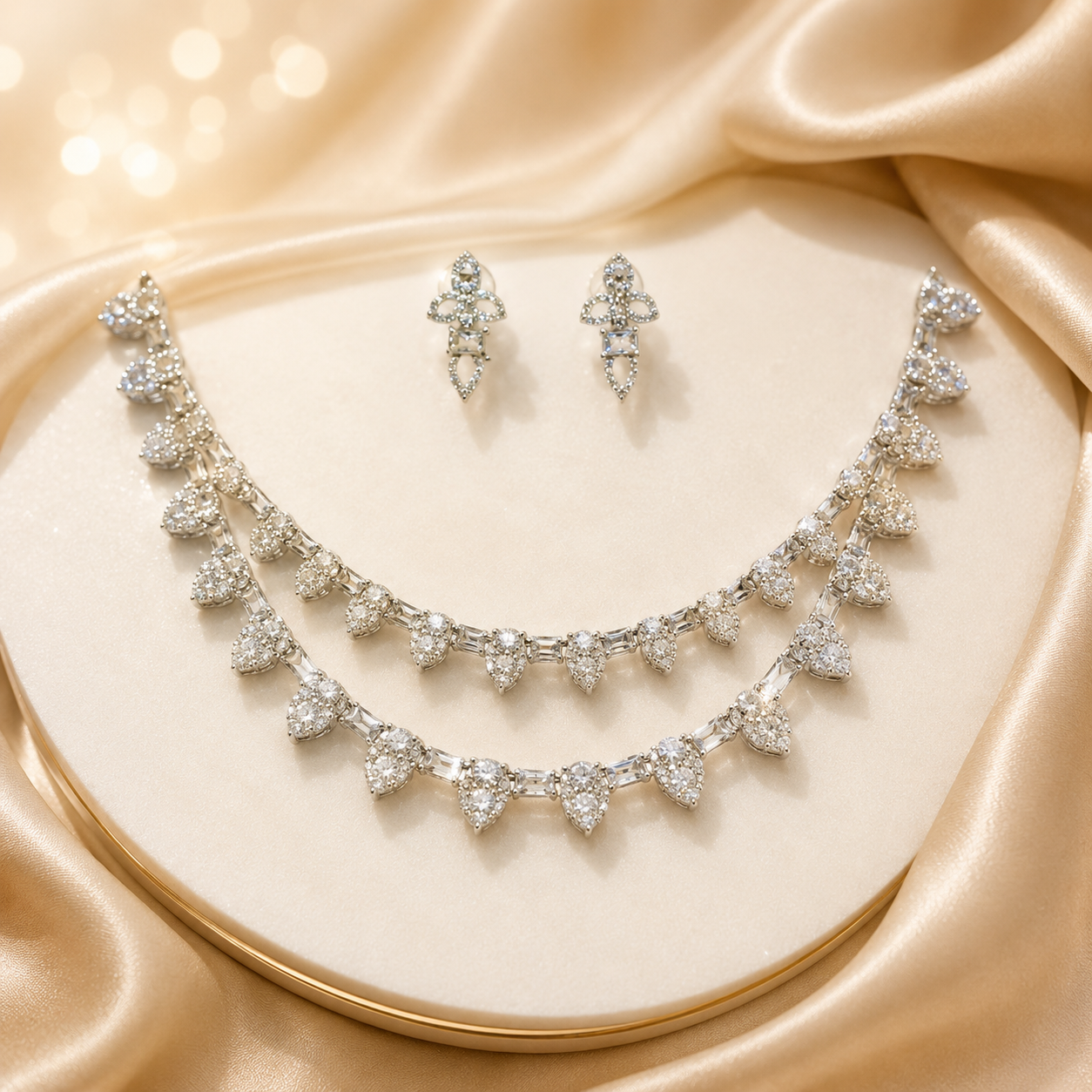 Flomae Silver-Plated AD Heart Necklace Set for Women | Designer Statement Necklace with Matching Earrings | Bridal, Party & Festive Jewellery