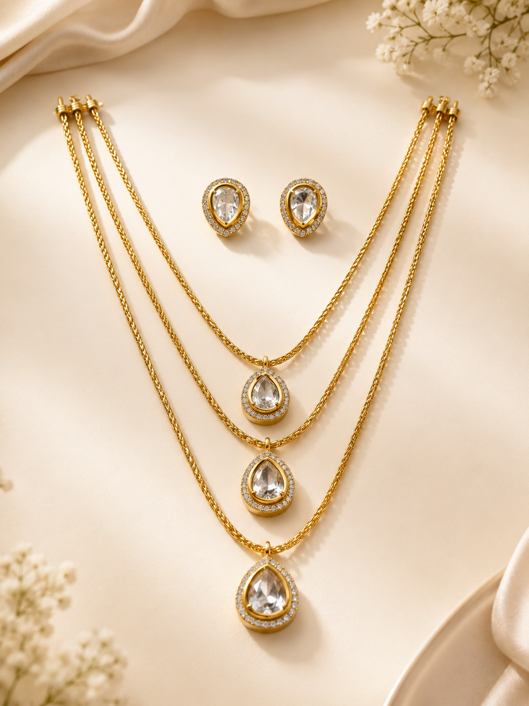 FLOMAE Gold Plated Layered Pendant Necklace Set for Women | AD Stone Designer Necklace with Stud Earrings | Party Wear Jewelry Set