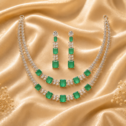 Flomae Silver-Plated Emerald Green AD Necklace Set for Women | Designer Statement Jewellery Set with Matching Earrings | Wedding, Party & Festive Wea