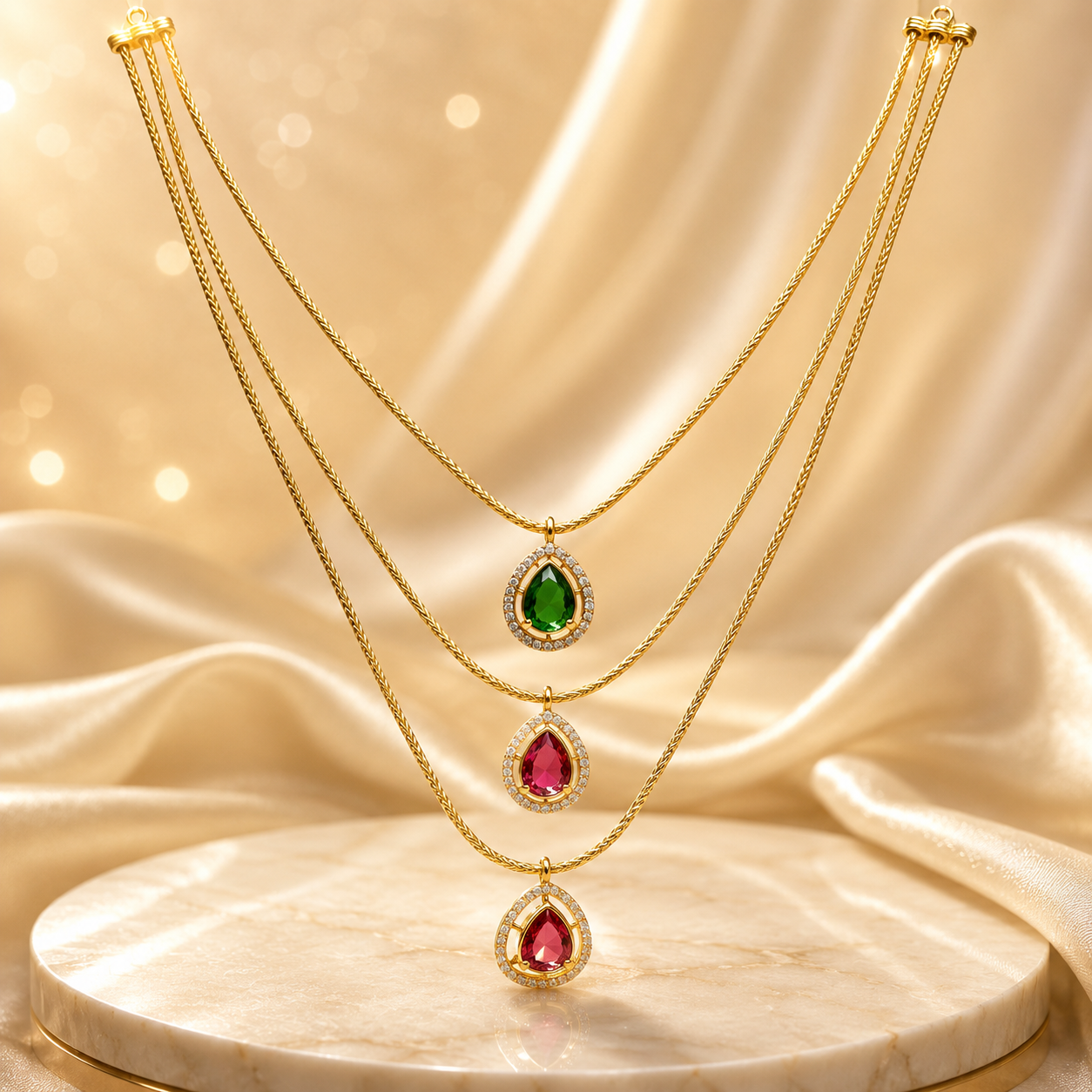 FLOMAE Gold Plated Multi Layer Pendant Necklace for Women | Green & Pink Stone AD Chain Necklace | Designer Party Wear Jewelry