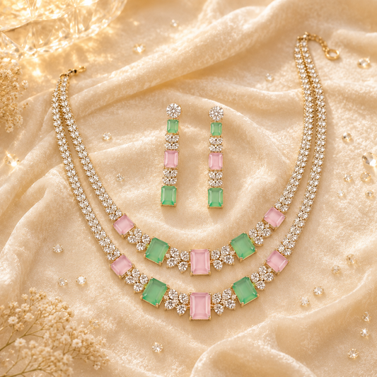 Flomae Sliver-Plated Pastel Pink & Green AD Necklace Set for Women | Designer Statement Jewellery Set with Matching Earrings | Wedding, Party & Festive Wear