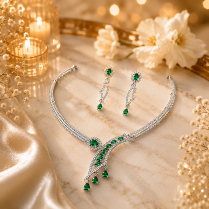 FLOMAE Silver Plated Green Stone Necklace Set for Women | AD Designer Jewelry Set with Dangle Earrings | Wedding & Party Wear Necklace Set
