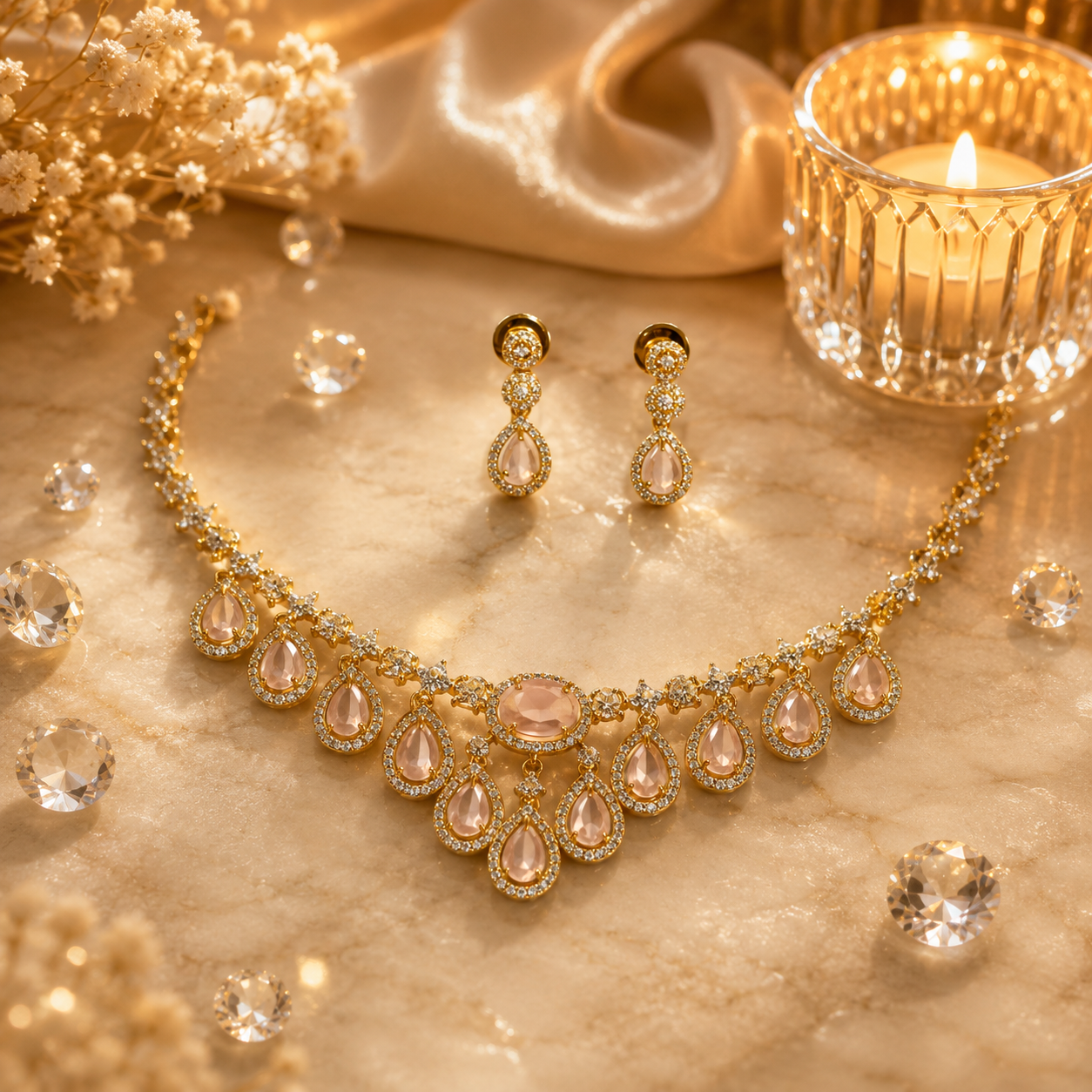 FLOMAE Gold Plated Light Pink Stone Jewelry Set for Women | Designer Necklace & Earrings Set | Traditional Party Wear Jewelry