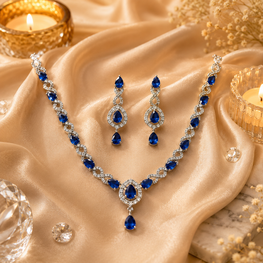 FLOMAE Silver Plated Blue Stone Necklace Set for Women | AD Designer Jewelry Set with Earrings | Wedding & Party Wear Necklace Set