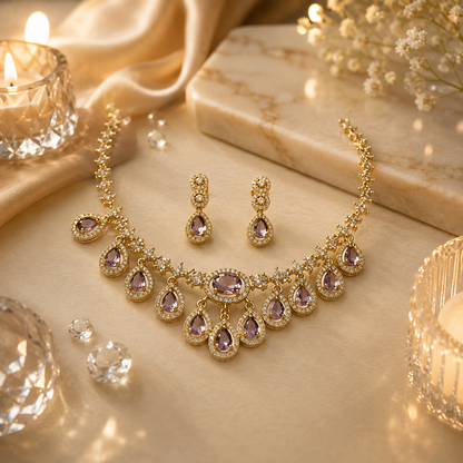 FLOMAE Gold Plated Purple Stone Jewelry Set for Women | Designer Necklace & Earrings Set | Traditional Party Wear Jewelry