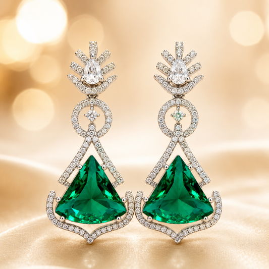 FLOMAE Silver Plated One Green And White Stones CZ Long Dangle Earrings for Women Party Wear