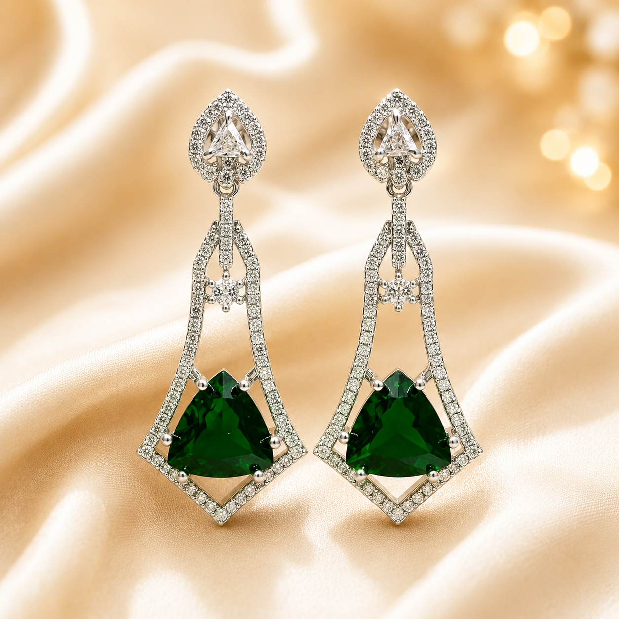 FLOMAE Silver Plated Green Stone AD Dangle Earrings for Women | Designer Long Earrings | Party Wear Fashion Earrings