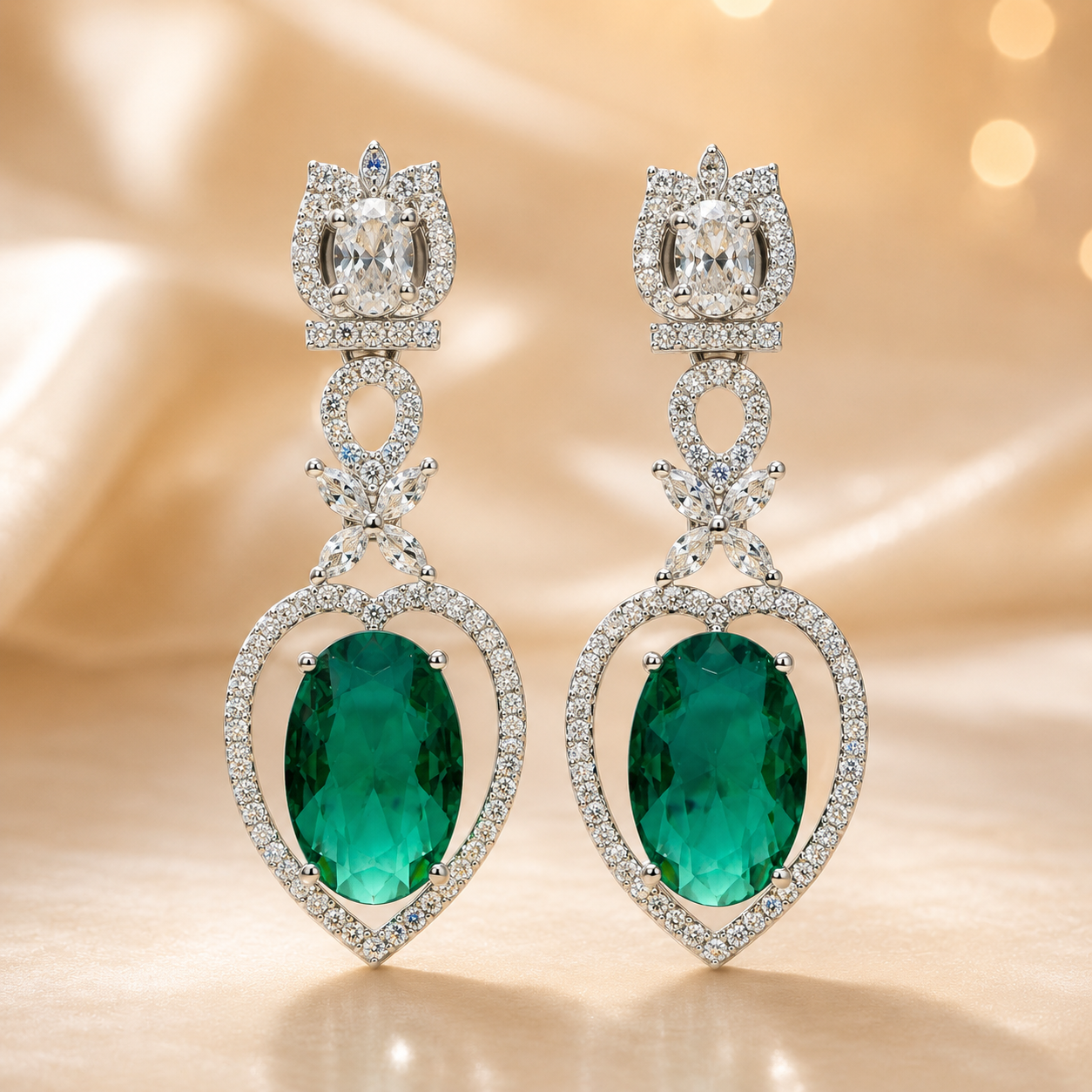 FLOMAE Silver Plated Green Stone AD Dangle Earrings for Women | Designer Long Earrings | Party Wear Statement Earring
