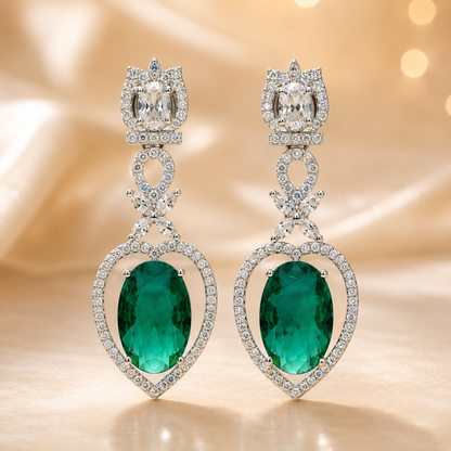 FLOMAE Silver Plated Green Stone AD Dangle Earrings for Women | Designer Long Earrings | Party Wear Statement Earring