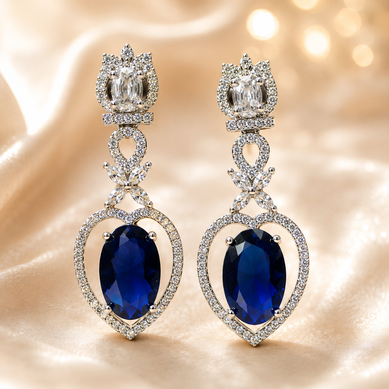 FLOMAE Silver Plated Navy Blue Stone AD Dangle Earrings for Women | Designer Long Earrings | Party Wear Statement Earrings