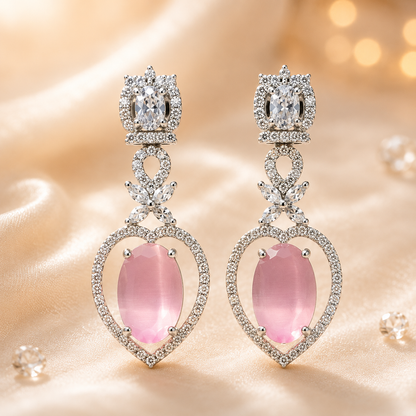 FLOMAE Silver Plated pink Stone AD Dangle Earrings for Women | Designer Long Earrings | Party Wear Statement Earring