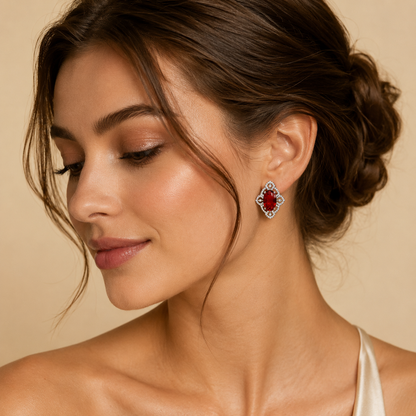 FLOMAE Silver Plated Red Stone Stud Earrings for Women Party Wear Jewelry