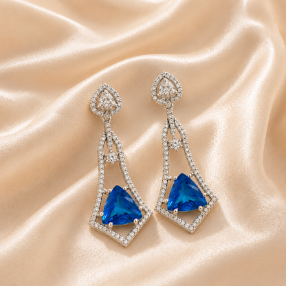 FLOMAE Silver Plated Blue Stone CZ Long Dangle Earrings for Women Party Wear