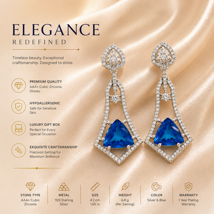 FLOMAE Silver Plated Blue Stone CZ Long Dangle Earrings for Women Party Wear