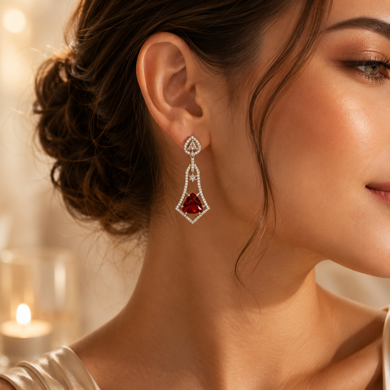 FLOMAE Silver Plated One Red Stone And White Stone CZ Dangle Earrings for Women
