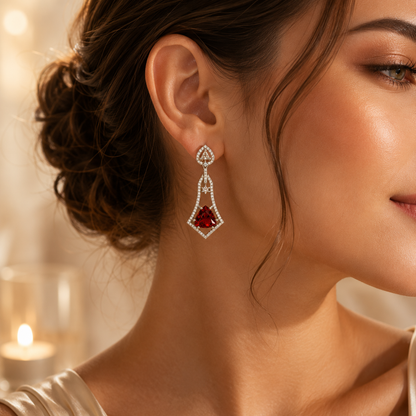 FLOMAE Silver Plated One Red Stone And White Stone CZ Dangle Earrings for Women