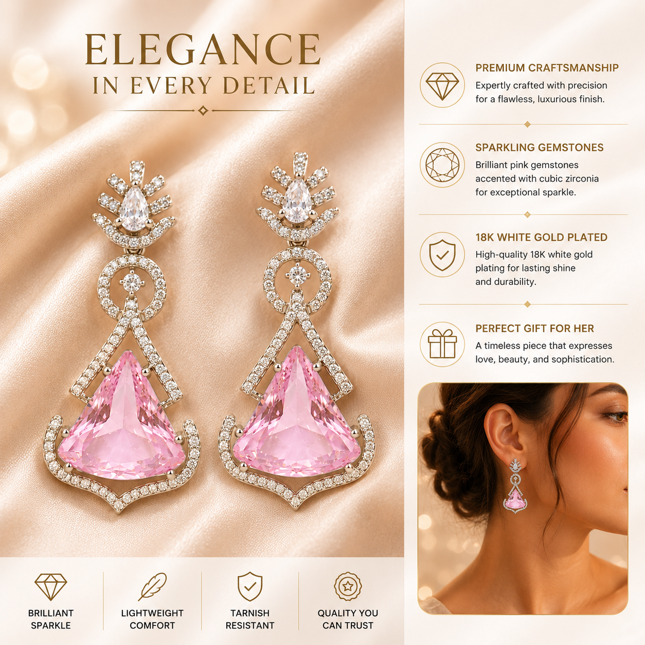 FLOMAE Silver Plated One Pink And White Stones CZ Long Dangle Earrings for Women Party Wear
