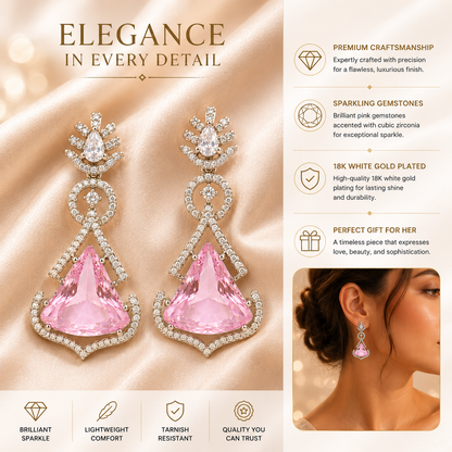FLOMAE Silver Plated One Pink And White Stones CZ Long Dangle Earrings for Women Party Wear