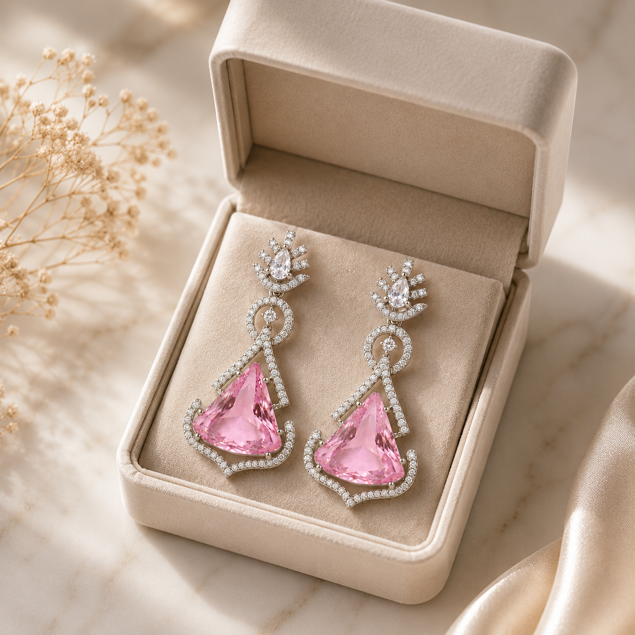 FLOMAE Silver Plated One Pink And White Stones CZ Long Dangle Earrings for Women Party Wear
