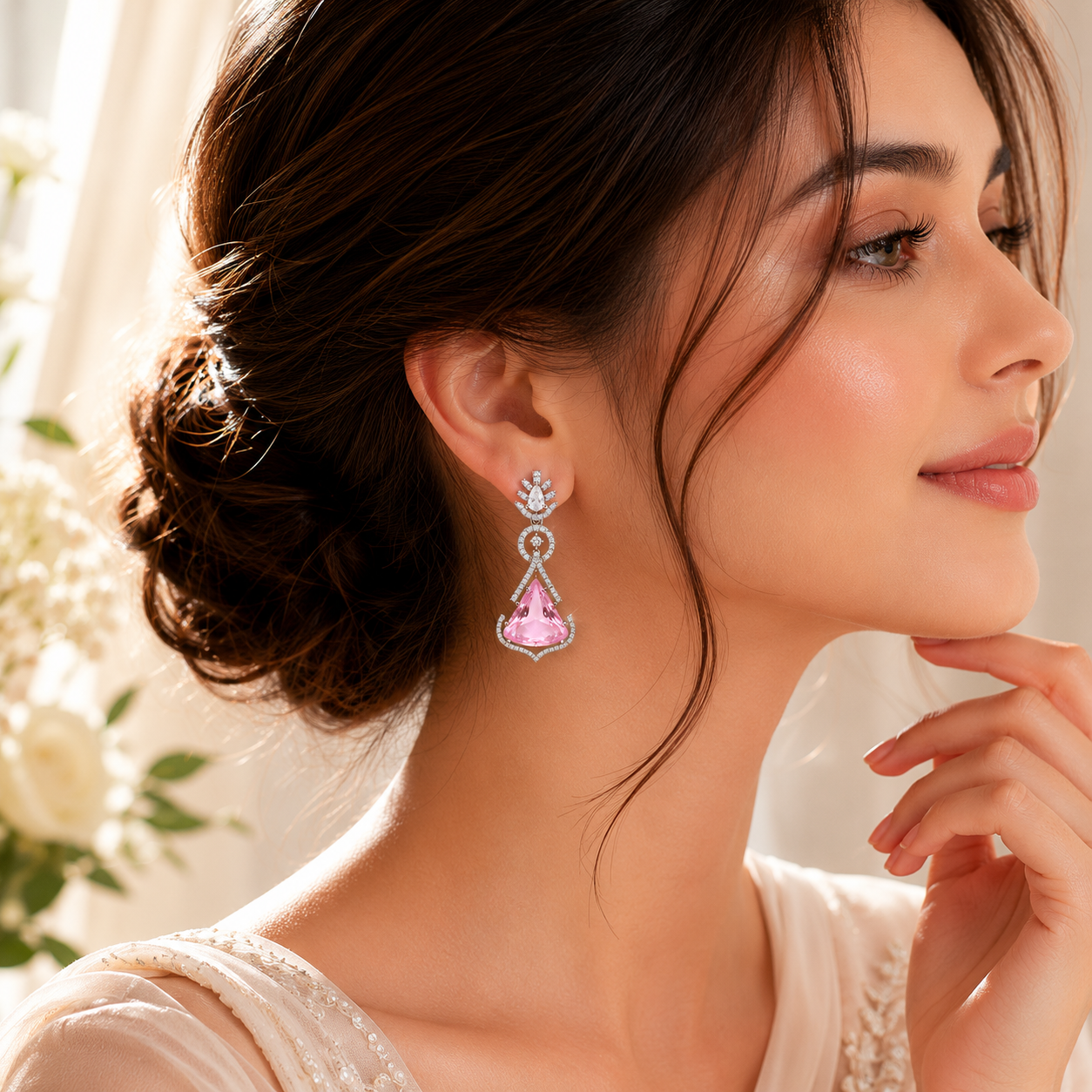 FLOMAE Silver Plated One Pink And White Stones CZ Long Dangle Earrings for Women Party Wear