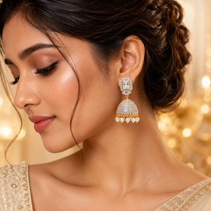 Flomae Gold Plated White Stone Pearl Jhumki Earrings for Women Cubic Zirconia Brass, Alloy Drops & Danglers, Jhumki Earring